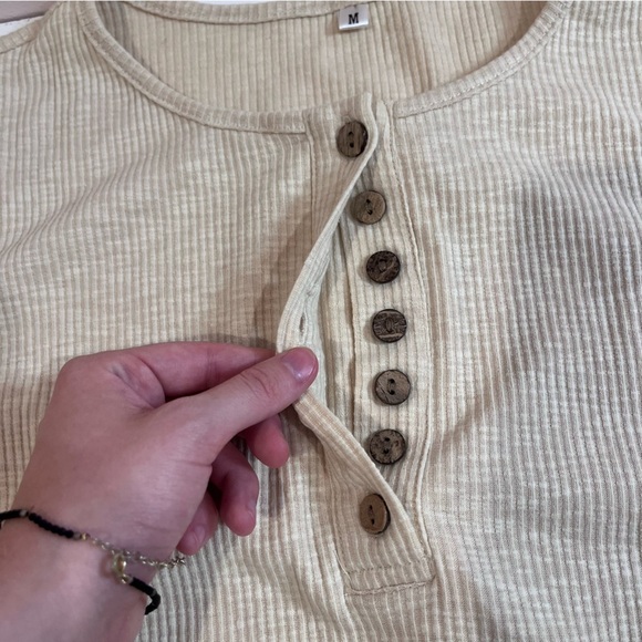 vintage beige light brown ribbed button up long sleeve henley fall basic y2k - Picture 4 of 8